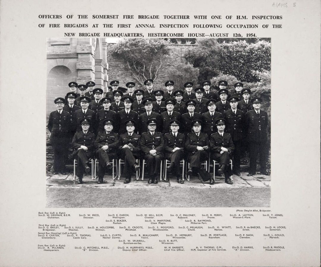 Fig 1 Somerset Fire Brigade officers inspection Aug 1954 somerset fire brigade hestercombe