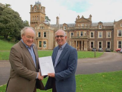 Sir Andrew Burns Philip White MBE with deeds to Hestercombe House Oct 2013 web