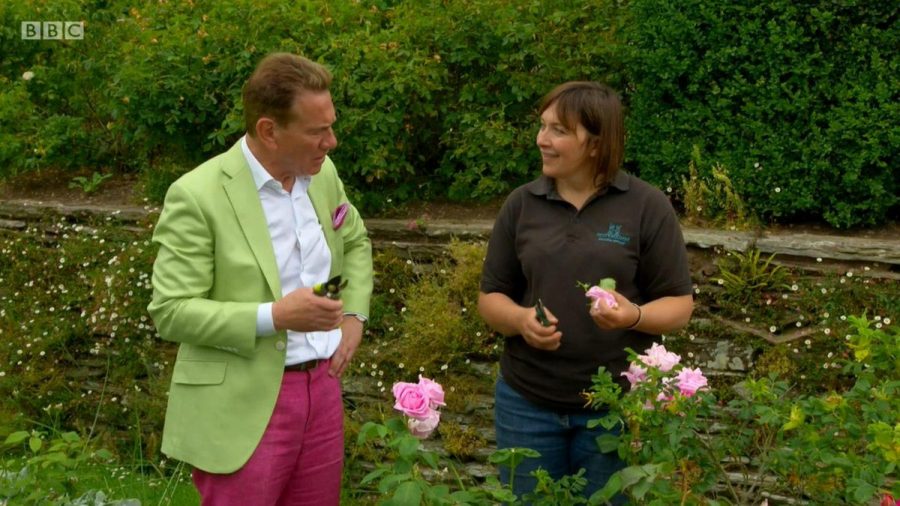 Claire Greenslade filming with Michael Portillo for the BBC's Great Train Journeys at Hestercombe